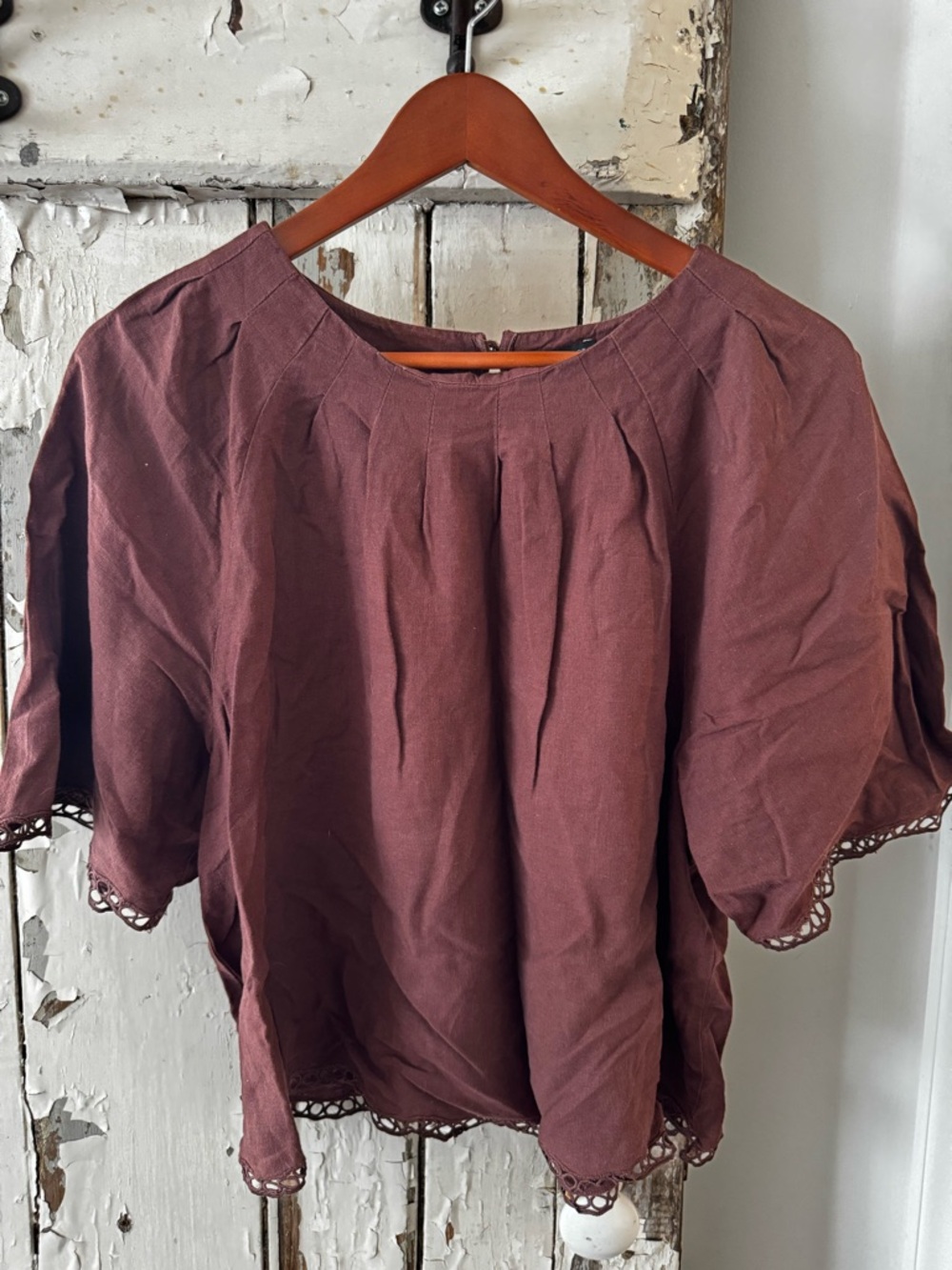 Ann Taylor Linen Brown Crochet-Trim Peasant Blouse